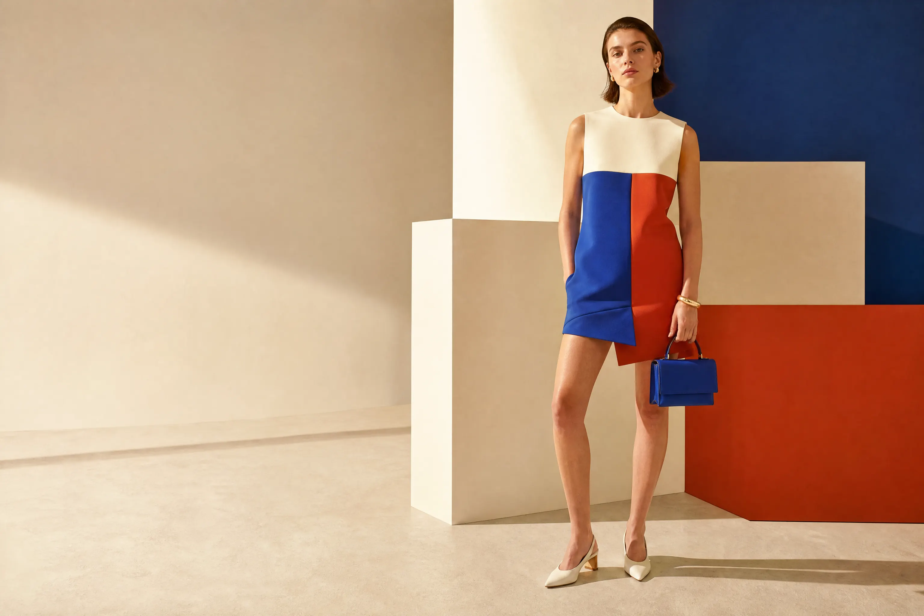 Model in einem Colourblock-Kleid in Orange, Kobalt und Creme