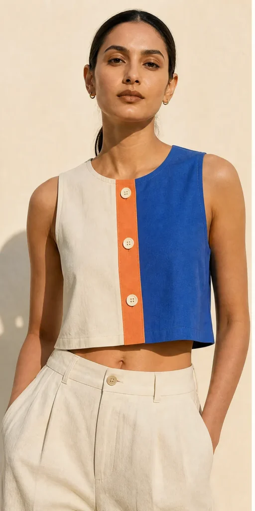 Offset Placket Top — generated front design view; physical details to be confirmed